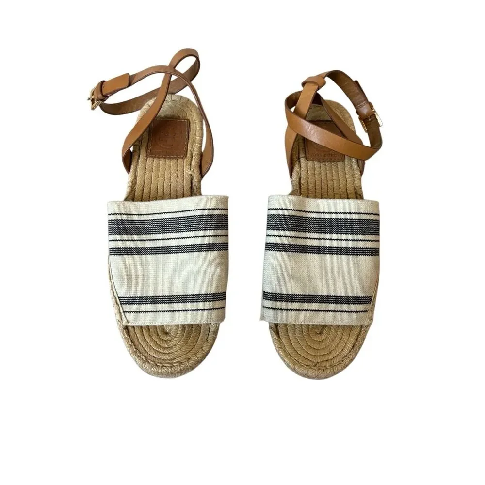 Tory‎ Burch Womens Awning Striped Ivory Blue Espadrilles Sandals Shoes 8